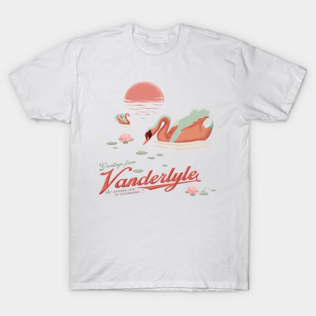 Greetings from Vanderlyle (The Swans are a-swimmin') T-Shirt by frayedalice